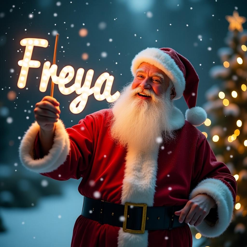 The image features a jolly Santa Claus celebrating Christmas night. He is dressed in a classic red suit with white fur trim, surrounded by gently falling snow. Santa holds a glowing stick that illuminates the name 'Freya.' In the background, you can see fairy lights twinkling around Christmas trees. The scene radiates warmth and holiday magic, embodying the joy of Christmas family gatherings.