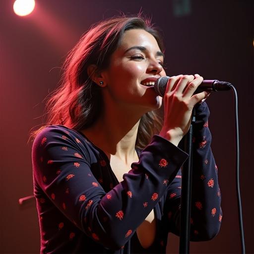 A singer performing on stage during a live concert. The singer is holding a microphone and wearing a stylish outfit. Bright stage lights create an engaging atmosphere. The audience is captivated by the performance.