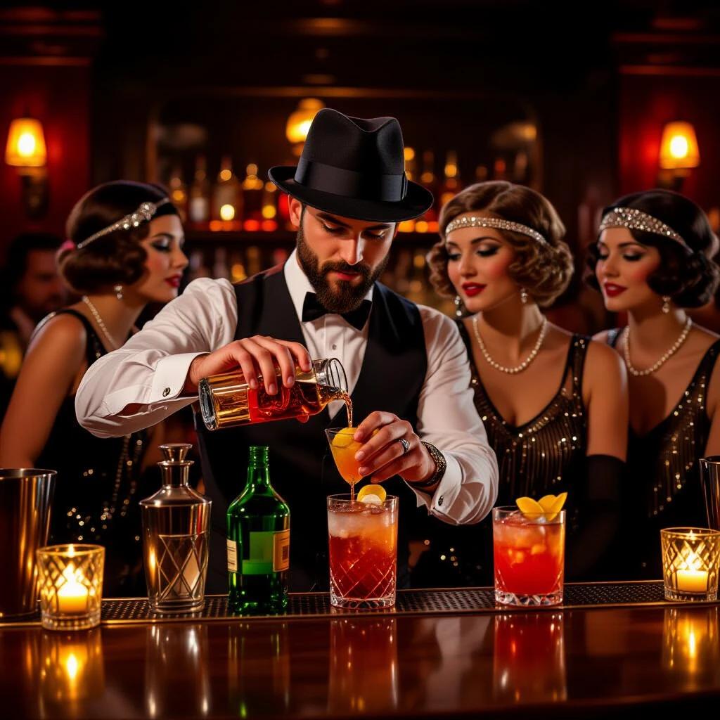 Bartender mixes cocktails with flair. Colored glass bottles reflect candlelight. Flapper girls gossip at the bar. Warm and lively 1920s nightlife scene. Realistic imagery.