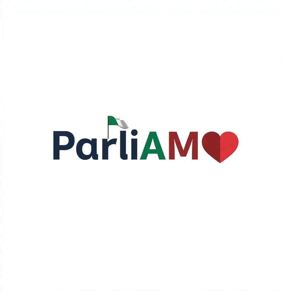 Create a minimalist logo for an Italian language course called 'ParliAMO italiano!'. The focus should be on the 'AMO' in 'ParliAMO', which needs to be larger and more prominent. The letters are stylized, with 'A' in navy blue, 'M' in green, and 'O' as a red heart, reflecting the Italian flag colors. Additionally, the exclamation mark at the end should resemble the pole of a flag waving in the wind. The background should be completely white, with no gradients or patterns.