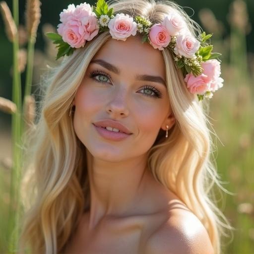 Close-up portrait of a beautiful blonde woman with flowers in her hair. Natural background with green grass. Soft smile and gentle features. Ideal for fashion and beauty themes.