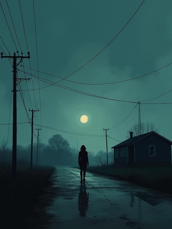 Minimally designed digital oil painting depicting a woman walking on a road towards an old house under a dark sky. A sense of dread and nostalgia fills the scene with surreal elements.