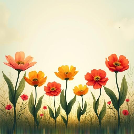 Illustration of a garden with several flowers in silhouette. Background shows an empty garden with a soft sky.