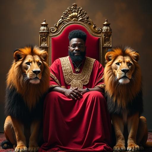 African American king seated on throne. Two lions beside him. Regal setting. Majestic pose. Strong presence.