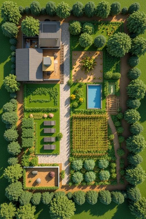 A modern self-sustainable farm designed with climate-smart agricultural practices. The layout includes intercropped corn and legume fields, a mixed orchard, a livestock zone, an aquaculture pond, and a caretaker's house. It features a main house with solar panels and a pool, surrounded by pathways and native trees.