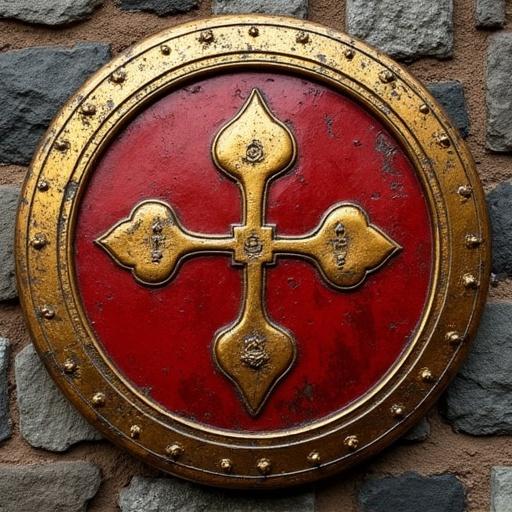 Escudo redondo medieval con estilo épico. Dorado brillante y pulido. Centro con marcas estilizadas. Fondo simple.