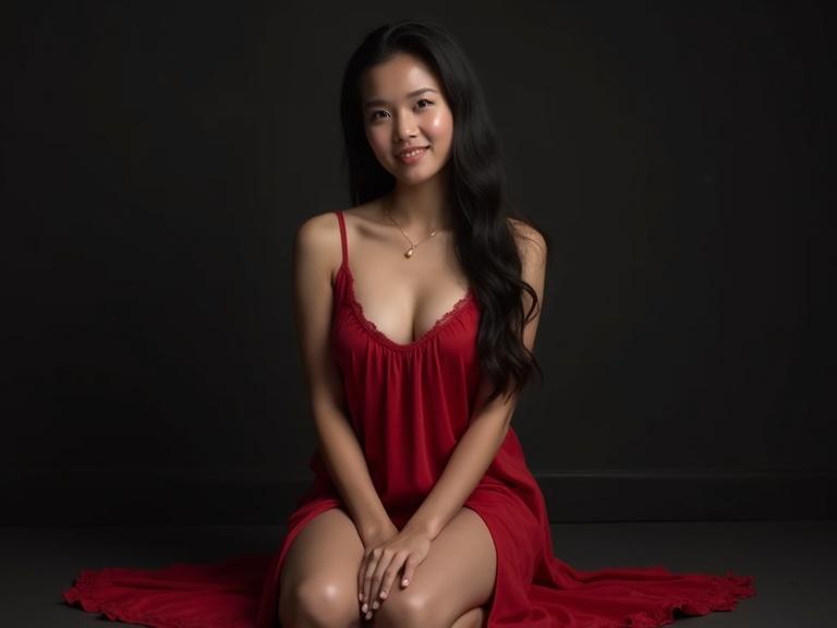 Portrait of young Indonesian woman with long black hair. She kneels on a dark floor wearing a thin red nightgown. The photo captures a soft smile and smooth skin using soft lighting and shallow depth of field.