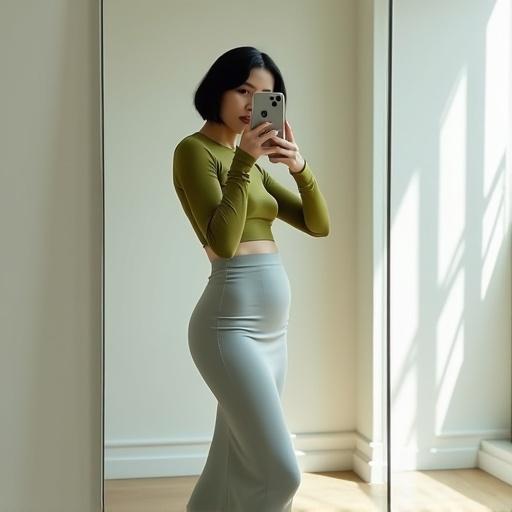 A woman takes a mirror selfie. She has an exaggerated hourglass figure. Wearing a tight olive green long-sleeve crop top and a light gray high-waisted skirt. Short black hair above shoulders. Face partially hidden by smartphone. Minimalistic room with neutral white walls. Soft daylight comes through a large window. Subtle shadows on the floor. High detail and soft diffused lighting style.