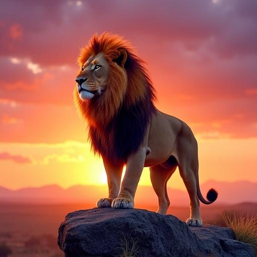Majestic lion with flowing red mane. Standing on a rocky outcrop at sunrise. African savanna in the background. Vibrant sky with orange, pink, and purple hues.
