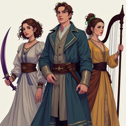 Illustration of three characters in fantasy attire. A girl holds purple dual blades. A man stands ready with fists as weapons. A woman grips a glaive. Another girl holds a harp as her weapon.