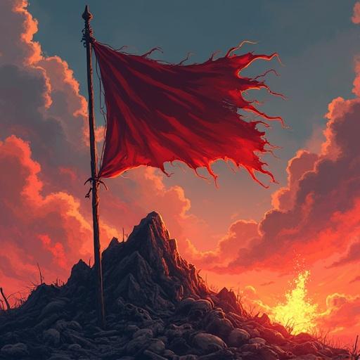 Anime style artwork featuring a vibrant scene with warm colors. Charred banner on an iron-black flagpole stands atop a mountain of corpses. Glowy fiery red surroundings. Cloudy sky with visible flames.