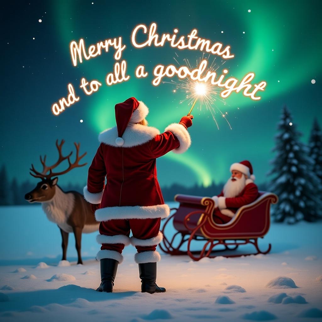 Enchanting Christmas scene features Santa Claus dressed in traditional red and white suit with black boots. He is facing the sky with back to the viewer. An empty sleigh and reindeer are present. Santa wields a magic wand, writing 'Merry Christmas and to all a goodnight' in sparkler script. The backdrop contains vibrant northern lights. The scene is festive and whimsical, capturing the spirit of Christmas.