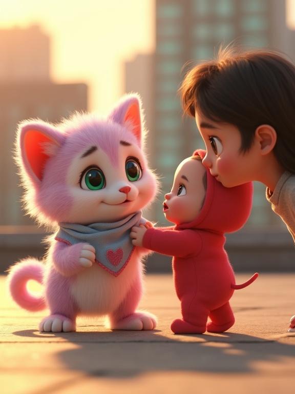 Hyperrealistic 3D animation features a fluffy kitten and a baby on a rooftop. Kitten has pastel pink fur and a blue bandana. Baby is in a red onesie reaching for their mother. Mother looks joyful and relieved. Warm golden lighting enhances the scene.