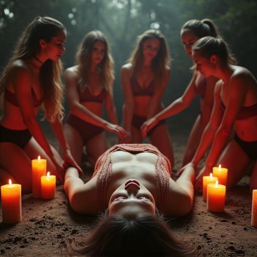 A ritual scene featuring a central figure on an altar. Surrounded by female figures in athletic poses. Candles create a mystical atmosphere. Dim lighting enhances the eerie ambiance. The scene evokes a sense of dark fantasy and occult practices.