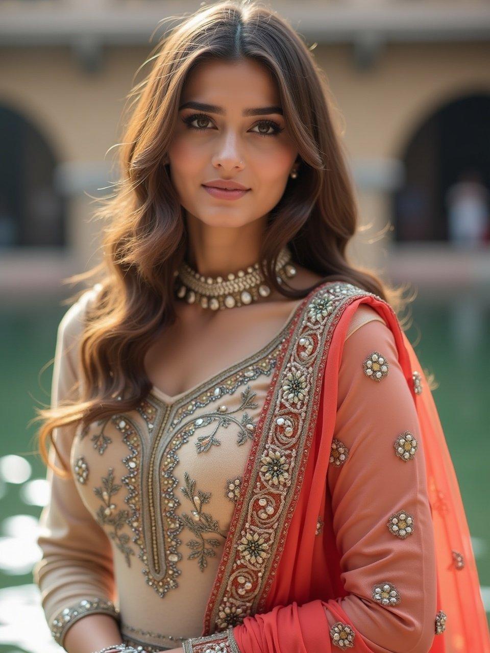 a woman wearing intricate traditional South Asian attire with embroidery, standing outdoors by a calm body of water, captured in soft natural light