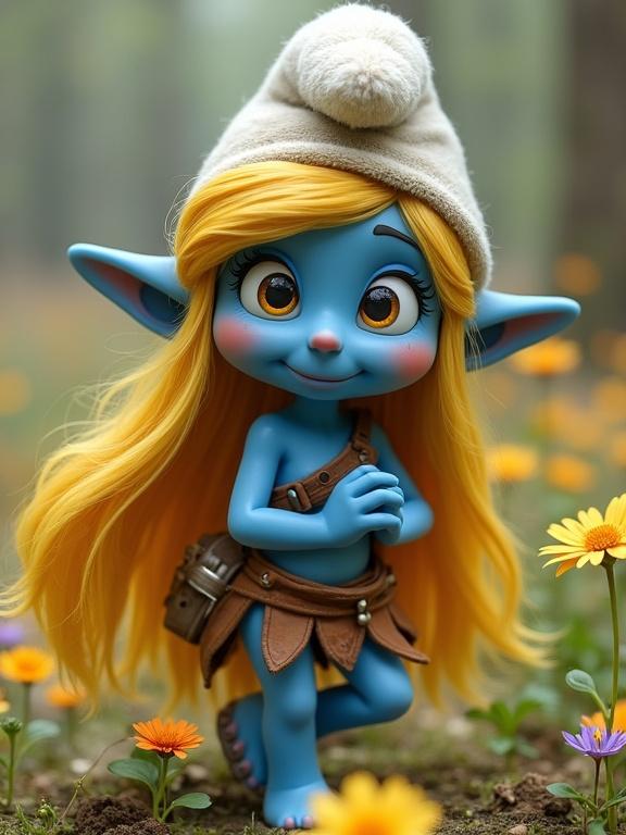 A small delicate female Smurf with light blue skin and large eyes. Long yellow hair. Wears a leather crop top and loincloth. Classic Smurf hat. Soft features with a gentle posture. Surrounded by flowers in a whimsical village.