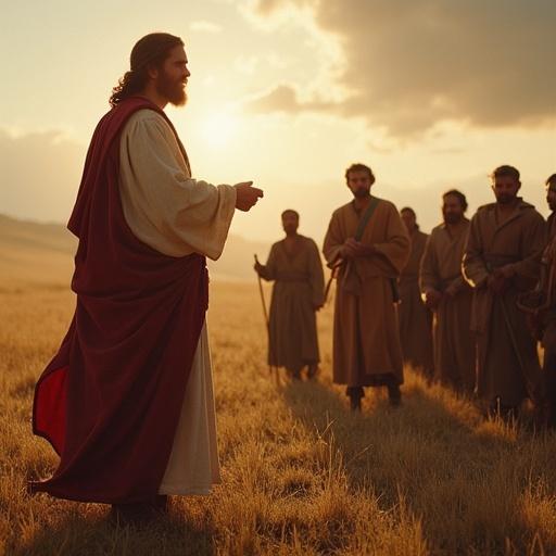 Classic depiction of Jesus in a meadow teaching prayer to His followers