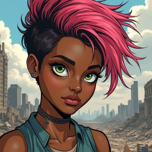 Drawing of a black woman with pink hair and green eyes in a post-apocalyptic city. The city is destroyed. Her friend with white skin has dreadlocks and stands beside her.