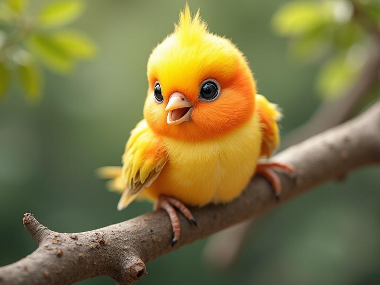 A cute small bird with bright yellow and orange feathers sits on a branch. The bird has big expressive eyes and a cheerful expression. It is surrounded by soft green foliage.