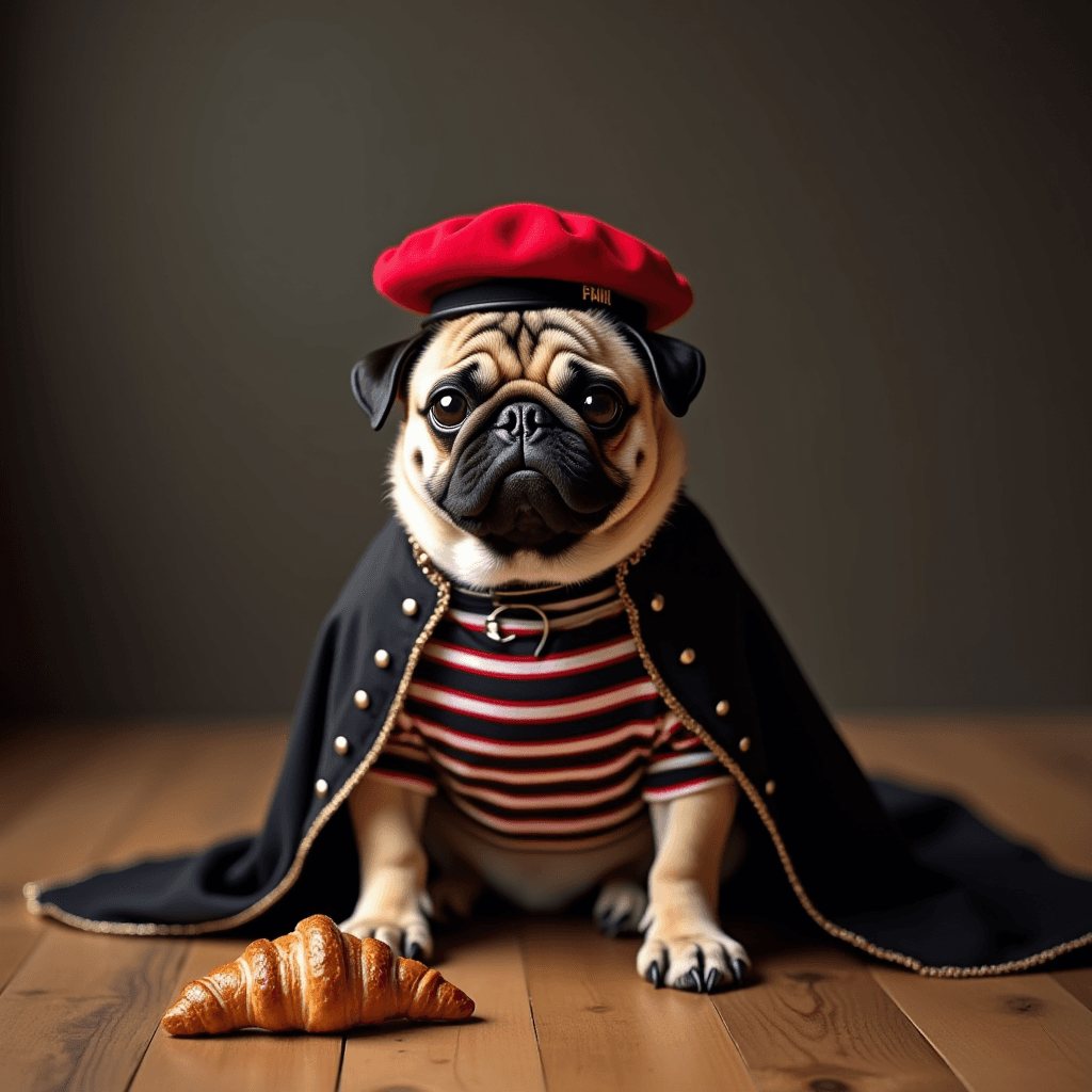 A pug, wearing a red beret and striped shirt with a black cape, sits next to a croissant on a wooden floor against a dark background.