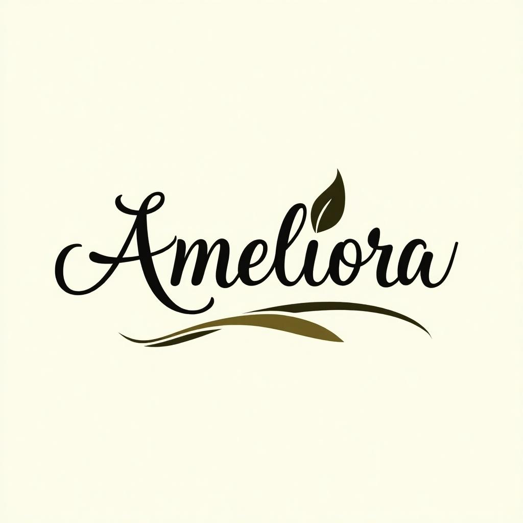 Lavish calligraphy stylizing the name Ameliora. Intertwined with a logo representing sophisticated olive oil.