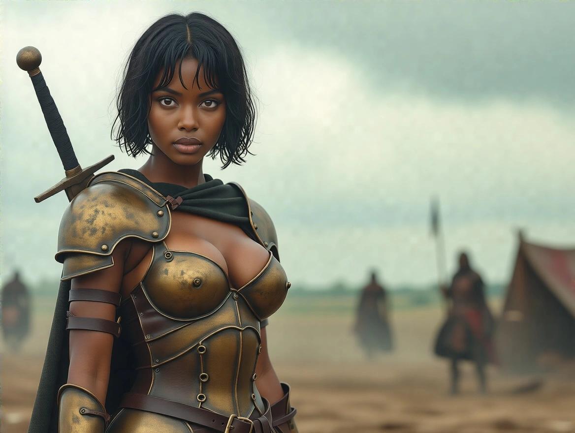 A hyper-realistic portrait of a dark-skinned female warrior wearing revealing medieval armor. She has soft feminine features and is battle-ready. Her armor is worn bronze and leather with subtle curves. She holds a sword and has short black hair. The background is a dramatic battlefield with clouds. The image has high detail and a 3:2 aspect ratio.