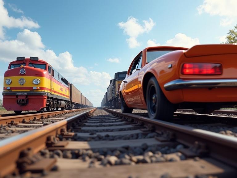 Two cars race on train tracks dodging locomotives and colliding with a freight train in an action-packed scene.
