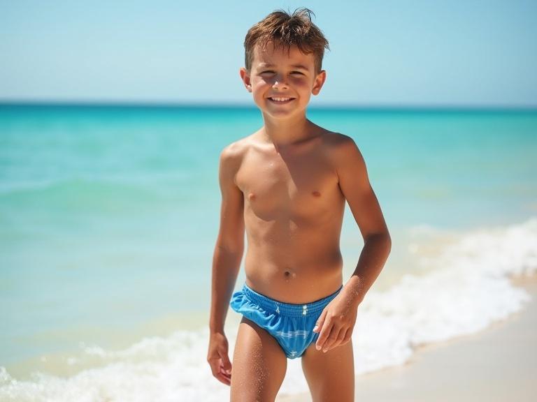 Boy in speedo walks along the beach, smiling, with water and sand in the background.