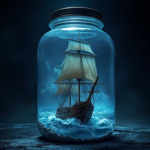 A ship at sea, contained inside a glass jar. Hyper-detailed, super realistic depiction. Dramatic lighting with blue and black tones creates a mystic atmosphere.