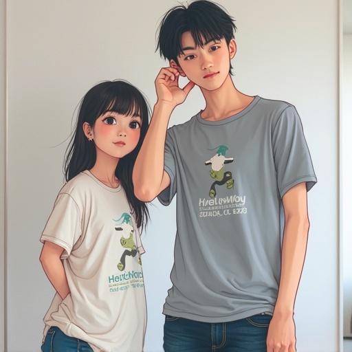 A stylish design featuring two T-shirts. One has a unique graphic while the other is plain. Models are posing in casual attire. Background is simple and light.