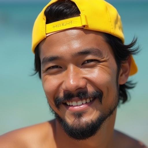 Close-up shot of a laid-back Taiwanese man outdoors. He has a neatly trimmed beard and wears a bright yellow cap backward. Slightly surf-inspired vibe.