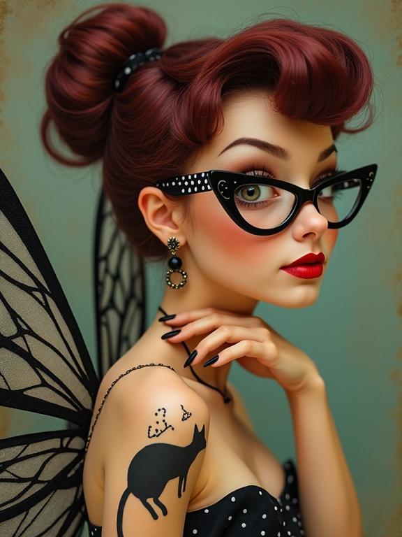 Image features a fairy in rockabilly pin-up style. She has maroon updo hair, cat-eye glasses, and red lipstick. The fairy has polka dot wings and a black cat tattoo on her shoulder. Vintage aesthetic is prominent.