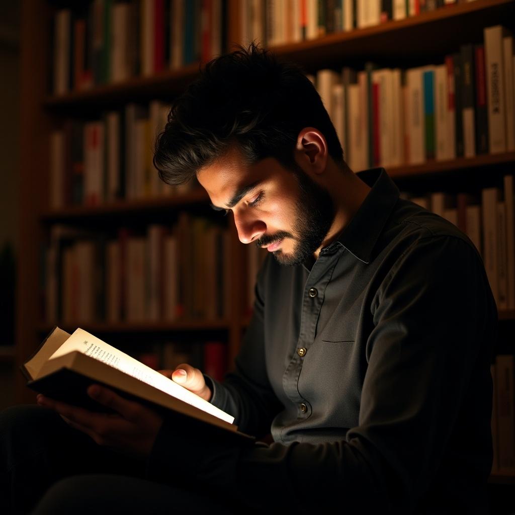 The image captures a male reader engrossed in a book, seated in a cozy library environment. He holds the book delicately, illuminated by soft, warm light that illuminates the pages. The background features a collection of books, hinting at a rich literary collection. The reader's expression conveys deep concentration and passion for reading. The atmosphere is serene, emphasizing the joy of becoming absorbed in a good book.