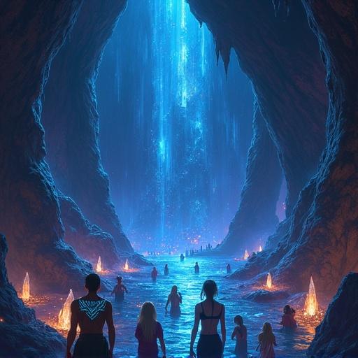 Cavern city filled with bright crystals and inhabitants with luminous tattoos. Dark fantasy anime style with glowing elements and ethereal atmosphere.