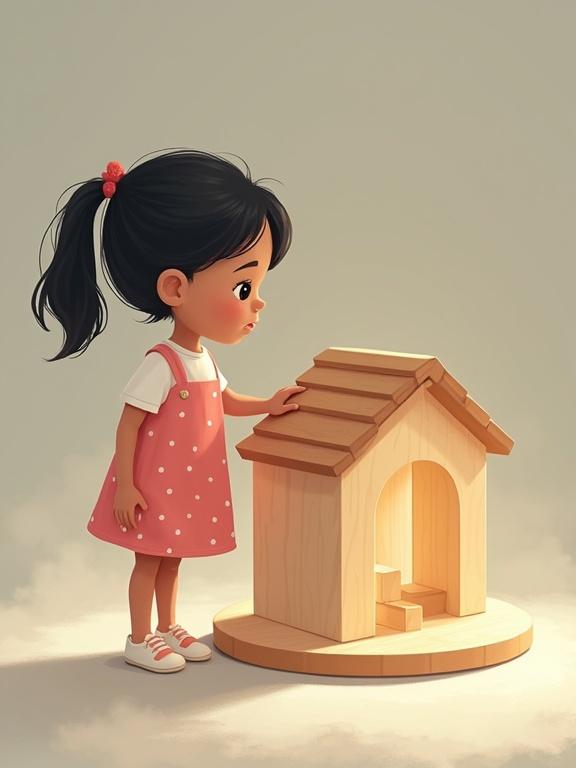 A children's storybook-style illustration. Layla is a young girl with short black hair in a ponytail and a pink dress with polka dots. She stands touching a wooden house she built, filled with a calm grayish-white fog. A light shines softly on her and the house, symbolizing peace and reconnection.