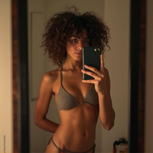 A girl with curly hair stands in her bedroom taking a selfie with her phone. She wears a bikini and poses in front of a mirror. The photo has ambient indoor lighting with slight motion blur and natural imperfections.