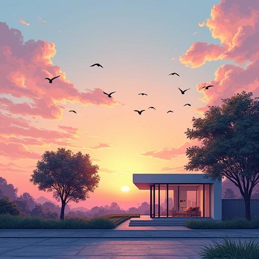 Wide-angle cinematic panel in comic style showing serene early morning scene in small town in Bihar. Sky painted with soft sunrise hues of orange pink and lavender. Birds flying. Foreground features modern minimalist tech-optimized house with clean architecture and glass elements. Trees swaying gently. Detailed ink-style linework with soft cel shading. Comic panel framing with title box reading: '🌅 Morning – Peace Begins.'