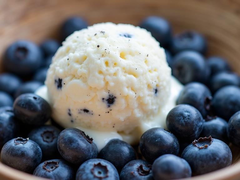 A close-up shot of vanilla bean ice cream on blueberries. Ice cream is white with black flecks. Blueberries are deep indigo, some whole and others crushed. Soft lighting highlights the textures. Rustic wooden surface in the background. Overall feel is fresh and indulgent.
