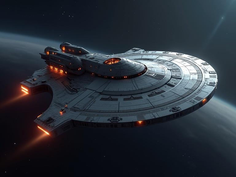A highly realistic representation of a starship in outer space. The starship features intricate details with glowing sections. Surrounded by a dark space background that highlights its presence. This image showcases advanced technology and design lines. Suitable for science fiction themes and visuals.
