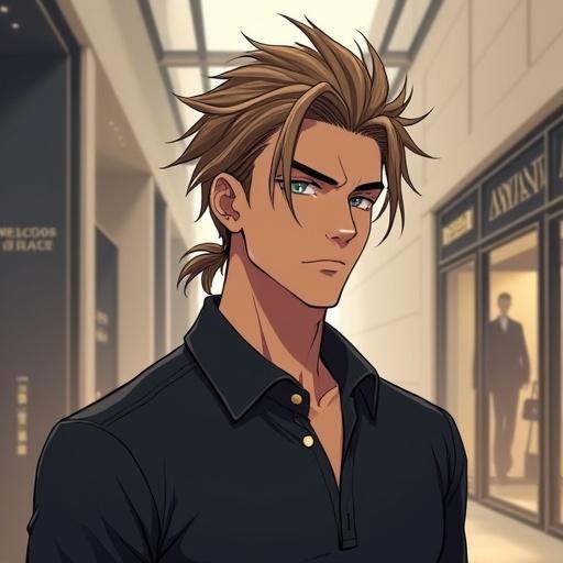 Anime character design. A man with silver eyes. Light brown spiky hair with a ponytail. Futuristic style. Expensive polo shirt. Set in a modern Armani store. Calm expression. Shopping ambiance at noon.