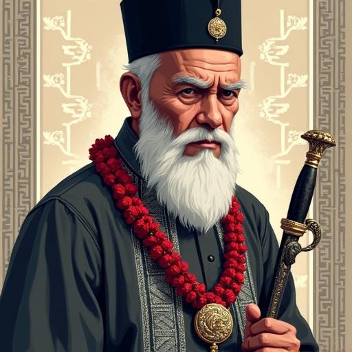 A bearded elder dressed in charcoal-gray Baju Melayu with silver embroidery. He wears a sampin of ivory and crimson with a crescent-shaped filigree pending. A keris with serpentine hulu is at his waist. A songkok rests on his head. The backdrop features tessellated bamboo shoot patterns. A striking monochrome palette with striking scarlet accents. Pixel art style highlights wise expression and cultural heritage.