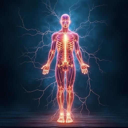 Illustration of a human body made entirely of electricity with glowing lines and electrical arcs surrounding it