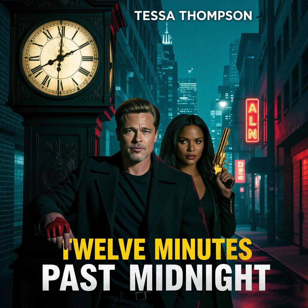 Movie poster for TWELVE MINUTES PAST MIDNIGHT featuring Brad Pitt with bloodied knuckles. Tessa Thompson holding a revolver. Clock shows 00:12. Neon-lit city skyline. Dark alley reflections. Teal and orange color scheme.