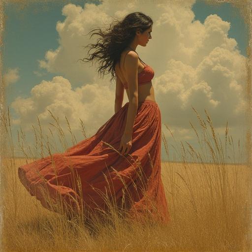 A woman in a flowing red dress stands in tall grass. She is silhouetted against a sky with fluffy clouds. The scene captures the essence of nature and beauty, with a soft focus reminiscent of a painting.