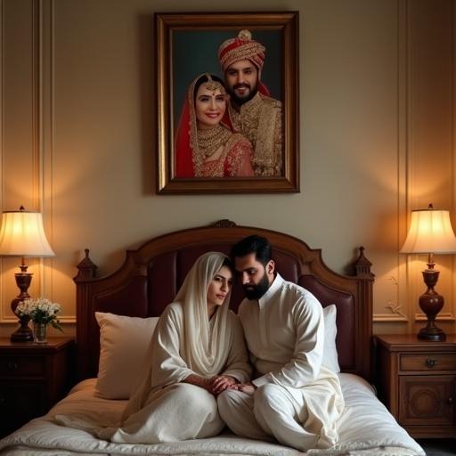 Wealthy Pakistani couple sits in luxurious traditional bedroom. The wife appears sad in simple shalwar kameez with dupatta. The husband, in a plain shalwar kameez, provides comfort. Wedding photo on wall shows couple in traditional attire, smiling happily. Emotional contrast reflects current struggles and past joy.