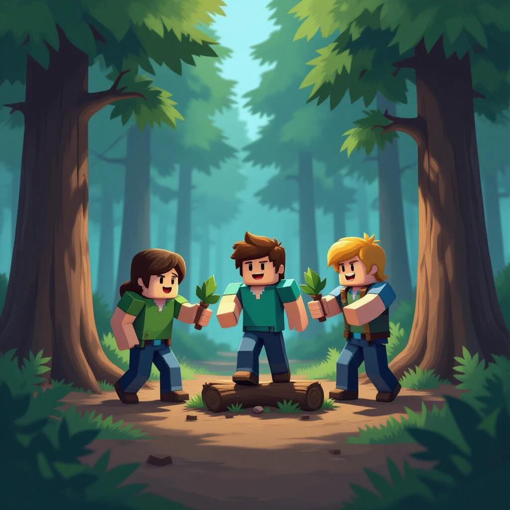 Three gaming characters in a forest. Characters are holding small tree branches. They stand around a log. Tall trees surround them. The atmosphere is playful and adventurous.