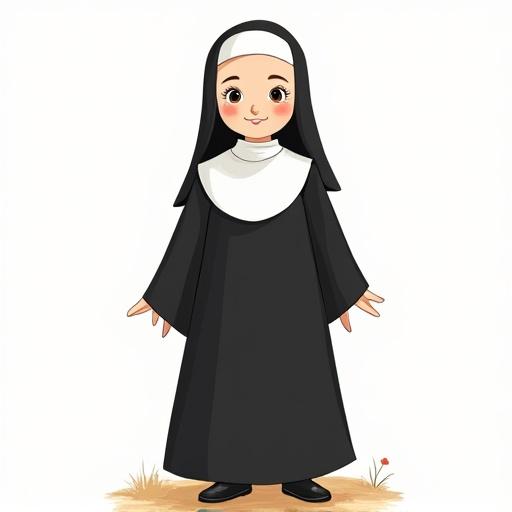 Full-body drawing of a nun in a childlike style. Nun wears black habit and white wimple. Illustration is simple cute colorful with soft lines. Looks like drawn by a child for a children's book.