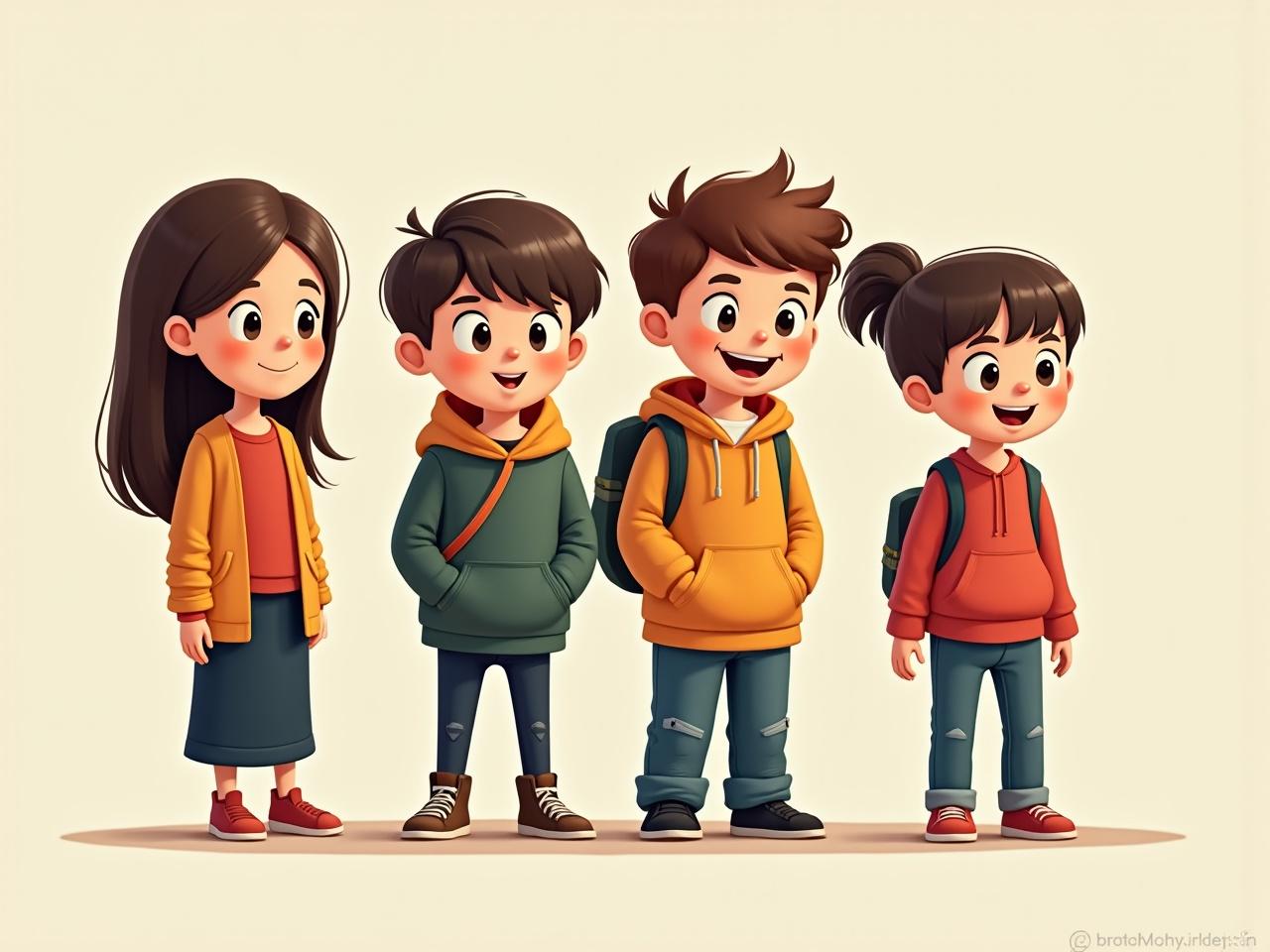 This digital illustration features four cheerful children, each dressed in vibrant casual attire. They stand in a row, exuding a sense of camaraderie and playfulness. With their bright, animated expressions and a simple, warm background, the image radiates energy and youthful enthusiasm.