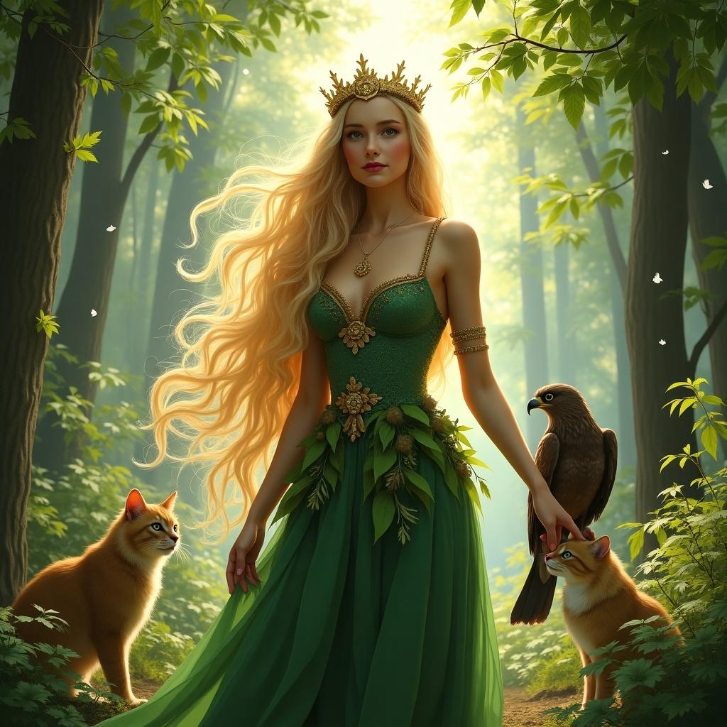 This image depicts Freya, the Norse goddess, standing gracefully in a mystical forest. She is adorned in a flowing green gown that blends harmoniously with the surrounding foliage. Freya has long, flowing hair, and a crown of leaves. Beside her are two attentive cats and a majestic hawk perched on her hand, symbolizing her connection to nature. The light filters softly through the trees, creating a magical atmosphere that enhances her mythical presence.