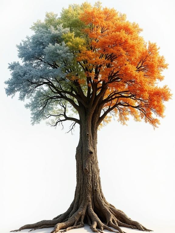 Create hyper-realistic art featuring oak tree symbolizing seasons. Tree has peeling wood layers. Inside trunk are scenes representing spring, summer, autumn, winter. Seamless transitions among layers. Focus on bark texture and seasonal traits. Blend nature with human form, representing life cycle.